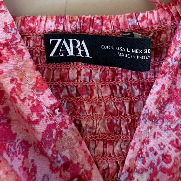 ZARA WOMENS FLORAL SUMMER V NECK BACKLESS DRESS IN PINK SIZE: LARGE 100% COTTON - Picture 10 of 13